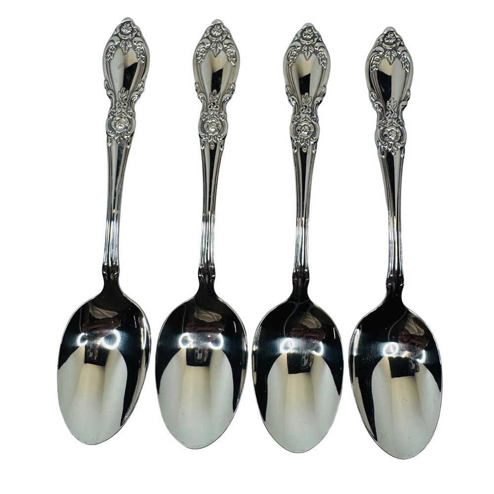 Oneida‎ Plantation Stainless Place Spoons Set 4 Rose Floral Vintage 7" Flatware